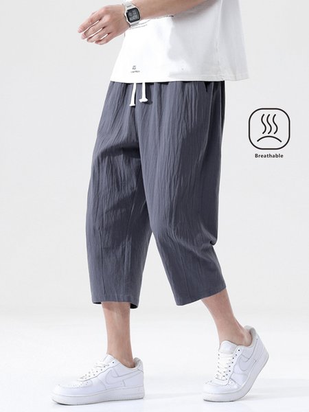 

Men's Plain Cotton Linen Loose Cropped Pants, Deep gray, Pants