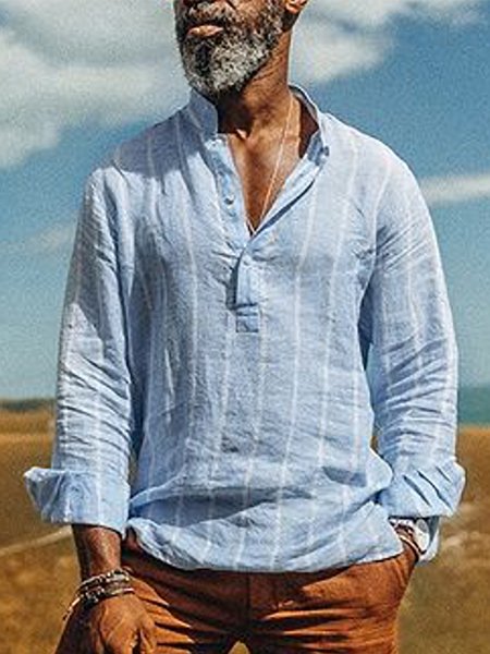 

Men's Casual Striped Cotton Linen Shirt, Blue, Blouses&Shirts