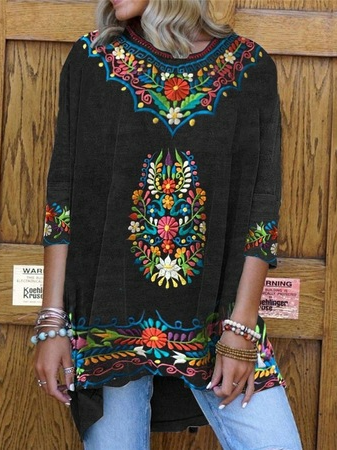 

Crew Neck Tribal Cotton Blends Long Sleeve T-Shirt, Multicolor, Tunics