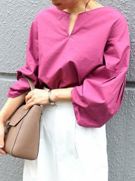 

V neck Simple Regular Fit Long Sleeve Top, Rose red, Tops