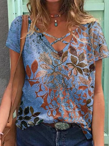 

Casual Floral Leaves V Neck Cross Loosen Short Sleeve T-Shirt, Flower, T-Shirts