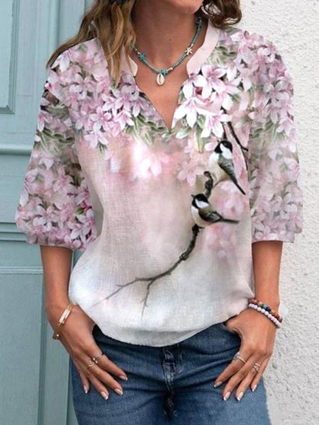 

Half Sleeve Loosen Casual Bird Short Sleeve Tops, Pink, T-Shirts