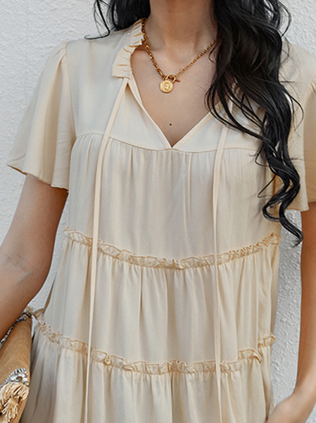 

Notched Plain Loosen Short Sleeve Tops, Apricot, T-Shirts