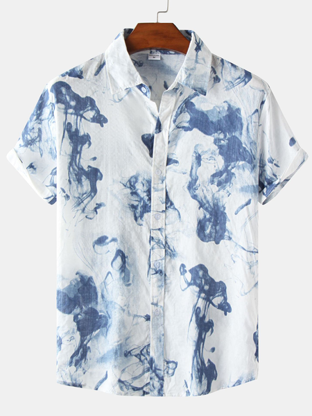 

Cotton and Linen Style Gradient Art Water Pattern Linen Shirt, Blue, Men's Floral shirt