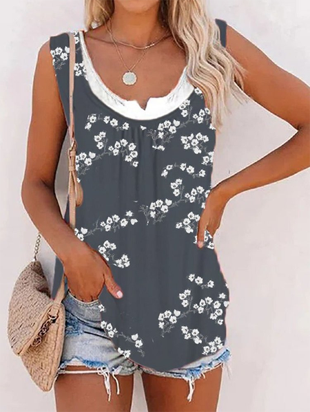 

Floral Casual Crew Neck Knit Tank, Navy blue, Tank Top