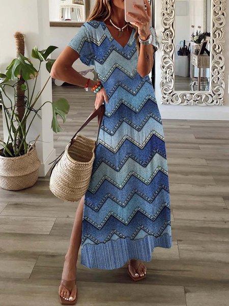 

Leisure vacation geometric stripe denim print loose a-hem dress long Plus Size, Denim blue, Dresses