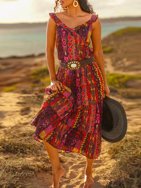 

Casual Short Sleeve Woven Dress, Red, Midi Dresses