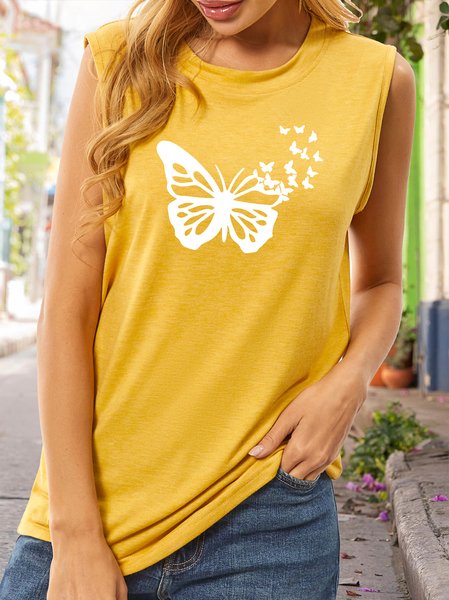 Butterfly Funny Print Crew Neck Casual Tank, Yellow, Tank Tops