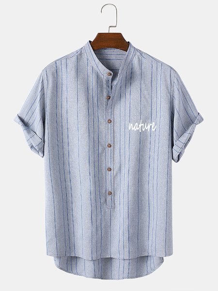 

Men's Striped Cotton Linen Short Sleeve Shirt, Blue, Blouses&Shirts