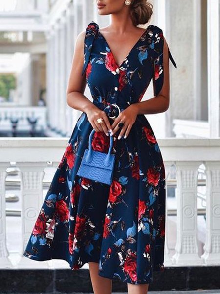 

Floral V Neck Regular Fit Short Sleeve Woven Dress, Deep blue, Midi Dresses