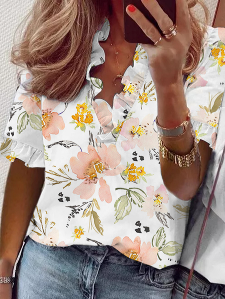 

V Neck Floral Vacation Short Sleeve Tops, White, T-Shirts