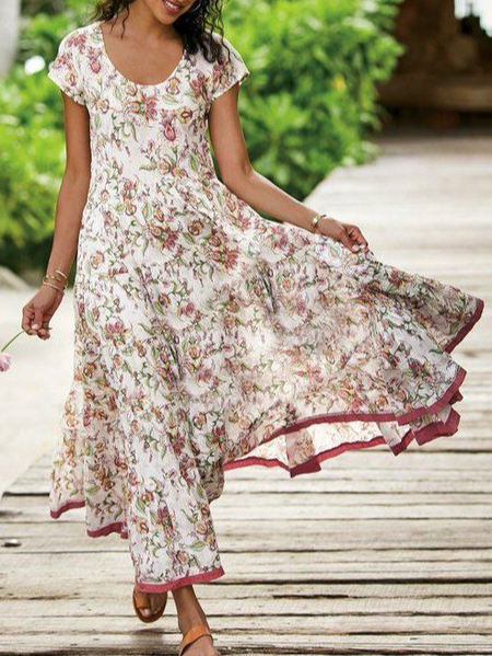 

Vacation Floral Regular Fit Short Sleeve Woven Dress, White, Maxi Dresses