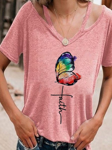 

Letter Butterfly Printed Casual Loosen Off Shoulder Short Sleeve T-Shirt, Pink, T-Shirts