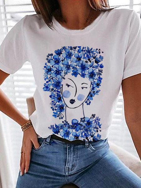 

Floral Casual Cotton Blends Short Sleeve T-Shirt, White, T-Shirts