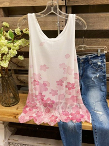 

Floral Round Neck Casual Loosen Tank, White, Tank Top