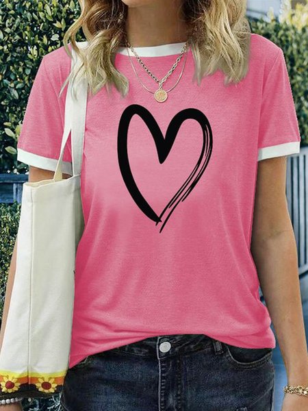 

Heart Printed Color Block Casual Loosen Crew Neck Short Sleeve T-Shirt, Pink, T-Shirts