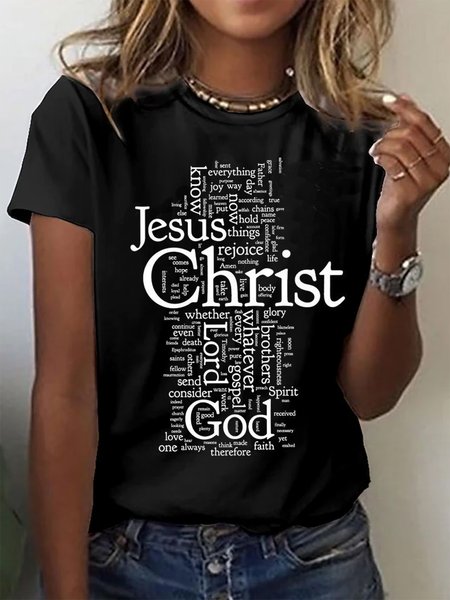 

Letter Print Regular Fit Short Sleeve Round Neck T-Shirt, Black, T-Shirts