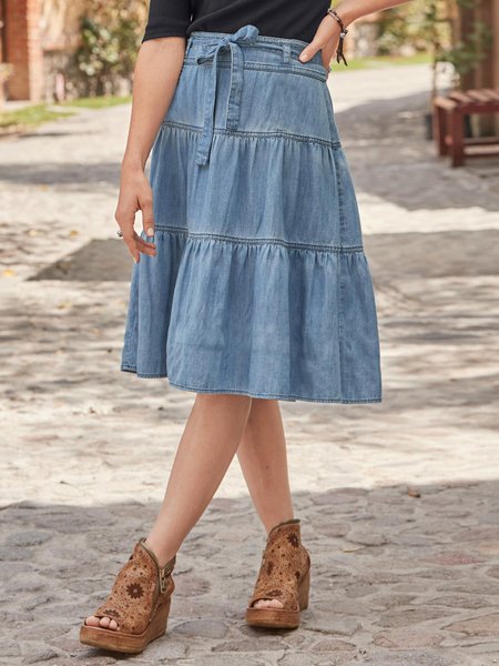 

Denim Casual Long Denim Skirt With Belt, Blue, Skirts