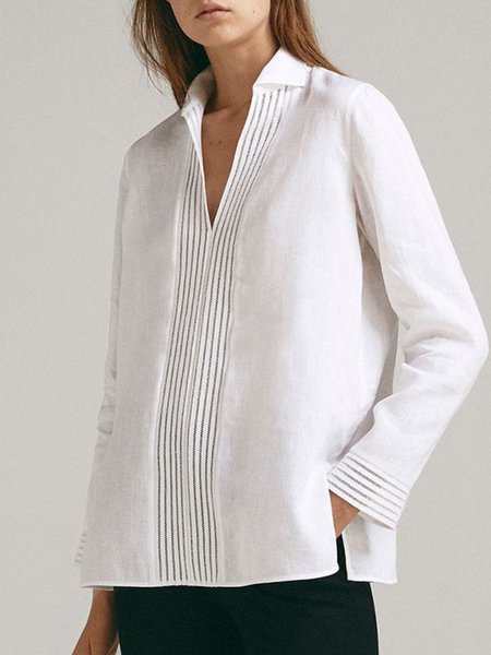 

Simple Loosen Shirt Collar Long Sleeve Top, White, Tops