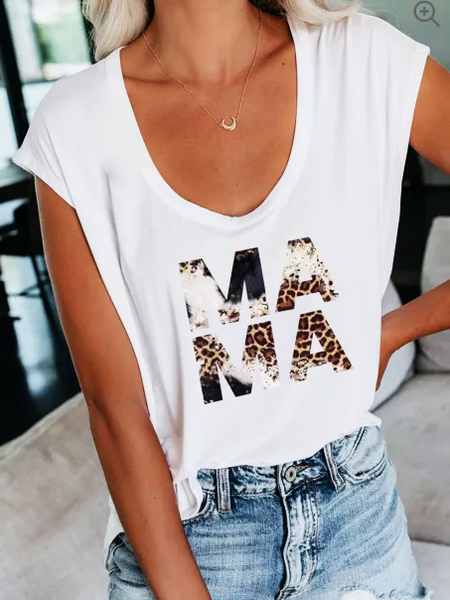 

MAMA Letter V Neck Loosen Short Sleeve T-Shirt, White, T-Shirts
