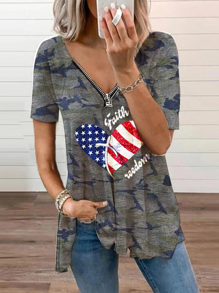 

Casual Flag Regular Fit V Neck Camo Short Sleeve Tops, Multicolor, T-Shirts