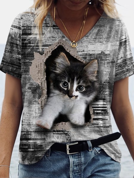 

Casual Animal V Neck Loosen Short Sleeve T-Shirt, As picture, T-Shirts