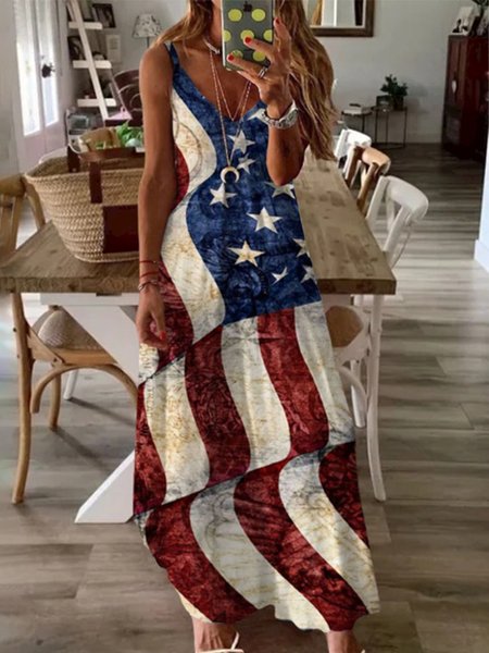

Flag Sleeveless V Neck Plus Size Casual Dresses, Multicolor, Maxi Dresses