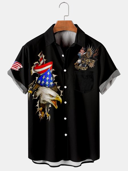 

Casual Style Culture Series American Flag And American Eagle Element Lapel Short-Sleeved Printed Shirt Top, Black, Men's Floral shirt