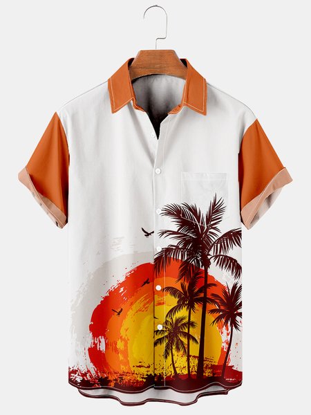 

Resort Style Hawaiian Series Coconut Tree Element Lapel Short-Sleeved Printed Shirt Top, Multicolor, Men's Floral shirt