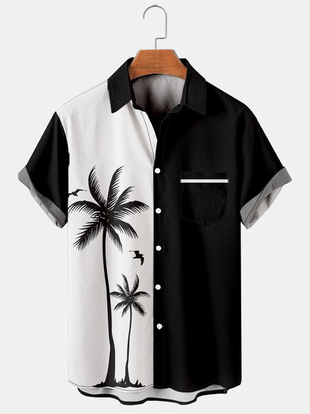 

Resort Style Hawaiian Series Coconut Tree Element Lapel Short-Sleeved Printed Shirt Top, Black, Shirts ＆ Blouse