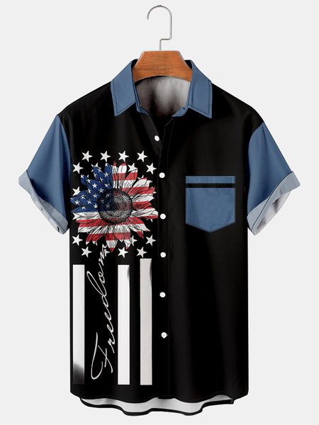 

Casual Culture Collection American Flag And Geometric Lapel Short Sleeve Print Shirt Top, Black, Men's Floral shirt