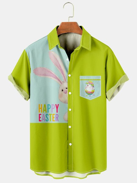 

Casual Style Holiday Series Easter Bunny And Egg Elements Lapel Short-Sleeved Printed Shirt Top, Green, Men's Floral shirt