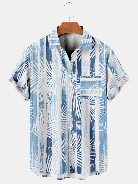 

Resort-Style Hawaiian Collection Of Botanical Leaves And Abstract Striped Elements Lapel Short-Sleeved Printed Shirt Top, Blue, Men's Floral shirt