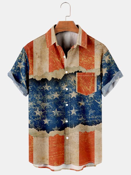 

Casual Style Culture Series American Flag And Abstract Geometric Elements Lapel Short-Sleeved Printed Shirt Top, Multicolor, Men's Floral shirt