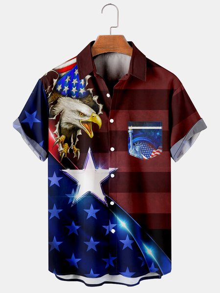 

Casual Style Culture Series Statue Of Liberty And American Eagle Elements Lapel Short-Sleeved Printed Shirt Top, Multicolor, Men's Floral shirt
