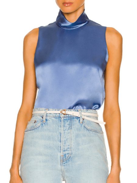 

Summer Lightweight Satin Simple Plain Short Sleeve Stand Collar Tops, Blue, Tops