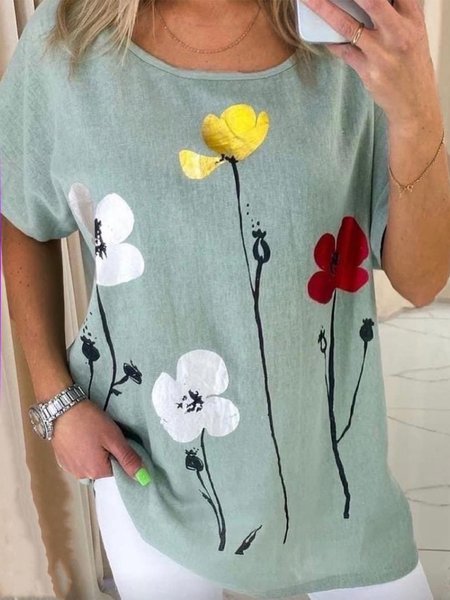 

Floral Short Sleeves Crew Neck Plus Size Casual Tops, Green, Tops