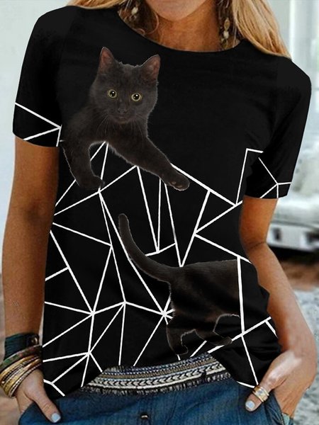 

Casual Crew Neck Animal Short Sleeve T-Shirt, Black, T-Shirts