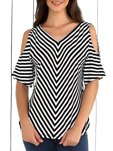 

Striped V Neck Casual Short Sleeve T-Shirt, Black, Tees