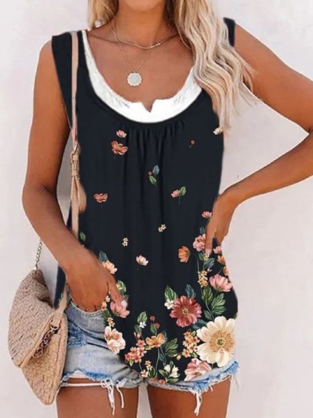 

Casual Floral Sleeveless Crew Neck Knit Tank, Black, Tank Top