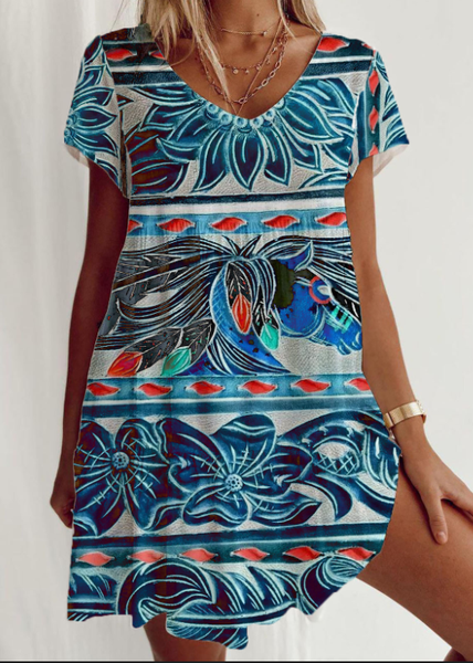 

Tribal Print Regular Fit Short Sleeve V Neck Mini Dress, Blue, Dresses