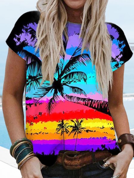 

Color Block Crew Neck Vacation Short Sleeve Tops, Multicolor, T-Shirts
