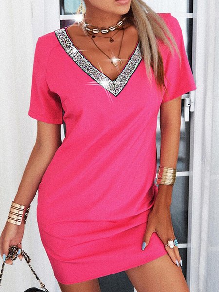 

Sequins V Neck Casual Short Sleeve Dress, Rose red, Mini Dresses