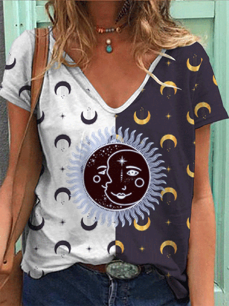 

Casual Short Sleeve Sun Moon Print T-Shirt, White-blue, T-Shirts