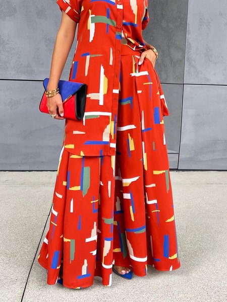 

Casual Geometric Regular Fit Pants, Red, Wide Leg Pants