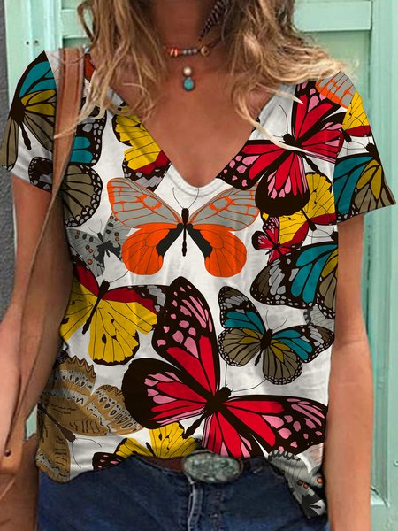 

Butterfly Loosen V Neck Short Sleeve T-Shirt, Multicolor, T-Shirts