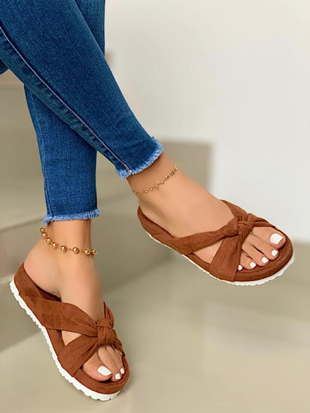 

JFN Solid Bands Knotted Crossover Vacation Slippers, Brown, Sandals