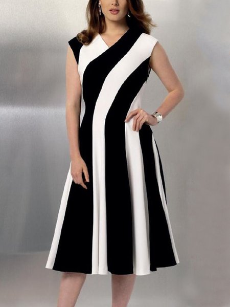 

Striped V Neck Simple Sleeveless Midi Dress, Black-white, Midi Dresses