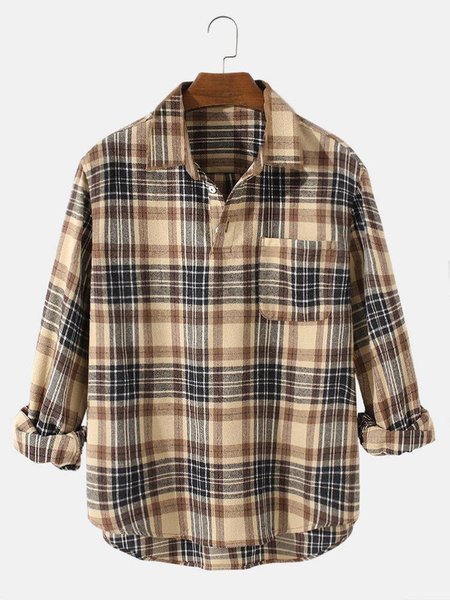 

Men's Holiday Cotton and Linen Henley Collar Check Shirt, As picture, Blouses&Shirts