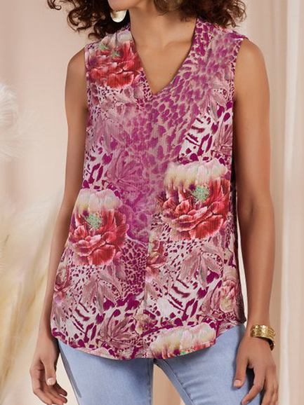 

Leopard V Neck Boho Woven Tank, Purple red, Tank Top